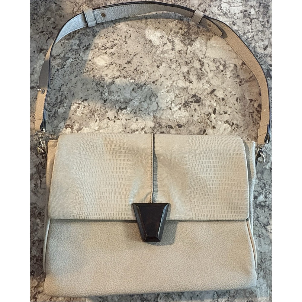 Sondra Roberts Squared Nude‎ Beige Wooden Block Closure Crossbody Purse Medium